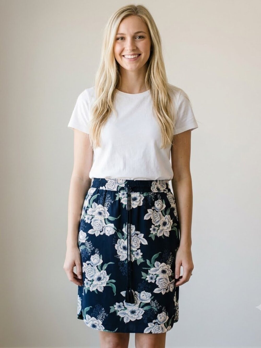 Navy Blue White Floral Elastic Waist Skirt Drawstring Tassel Curved Hem M